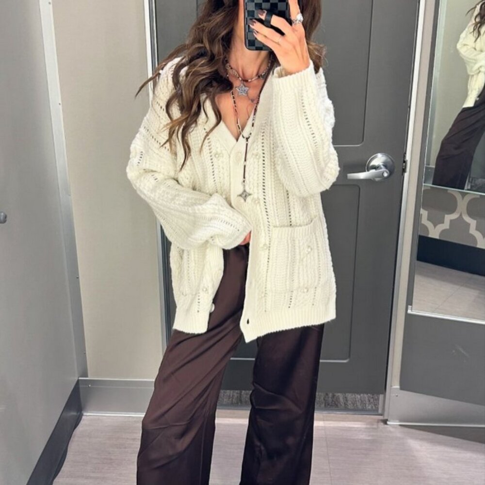 Women's Holiday Embellished Relaxed Cardigan - Future Collective Cream M - Picture 2 of 4